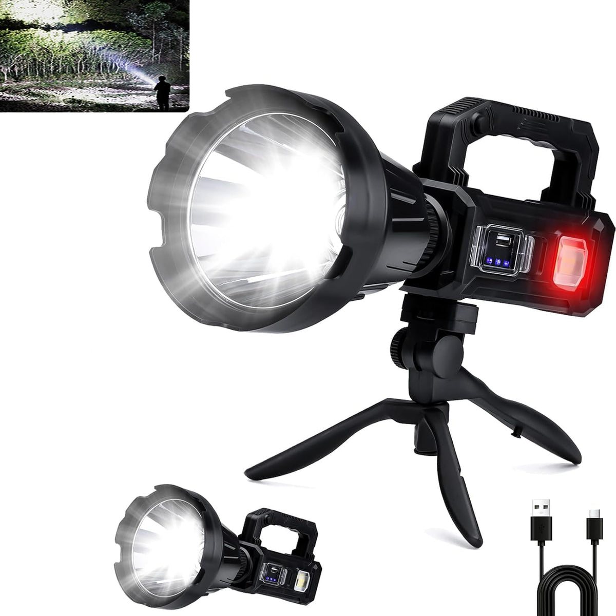 Rechargeable LED Spotlight – 3M Lumens, 4 Modes, Tripod & USB-C