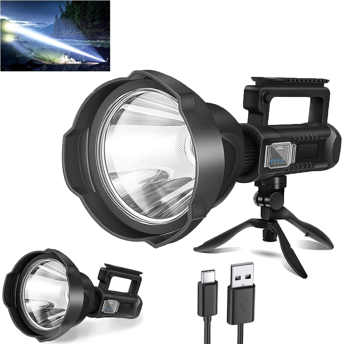 Rechargeable LED Spotlight – 3M Lumens, 4 Modes, Tripod & USB-C